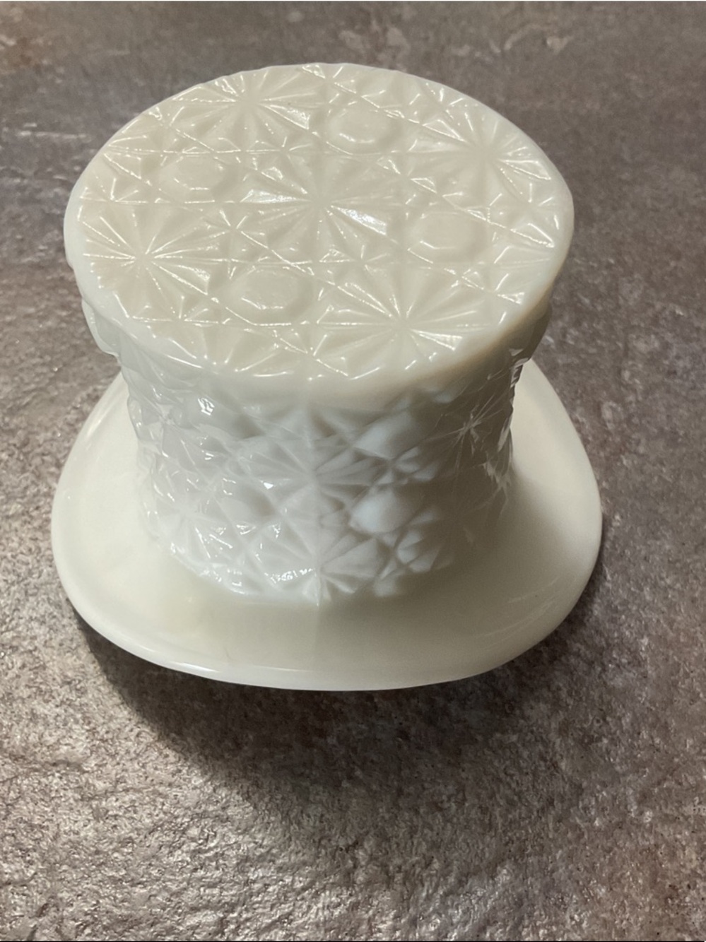 White Embossed Milk Glass top hat Daisy and button pattern